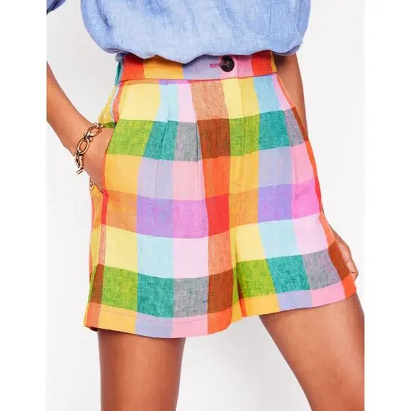Boden Dulwich Linen Shorts in Rainbow Multigingham 4” Shorts - Size 10